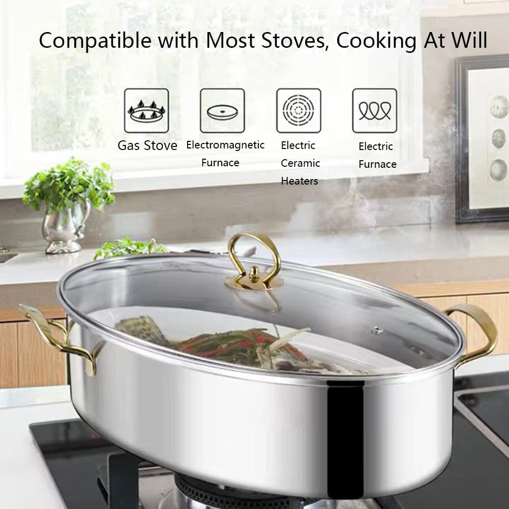 Pentola per Pesce al Vapore 8Qt Set Vaporiera Ovale per Pesce in Acciaio Inossidabile 304 con Griglia, Padella in Ceramica, Mandrino, Pentola per Pesce al Vapore, Zuppa Bollente, 2 Colori,Argento