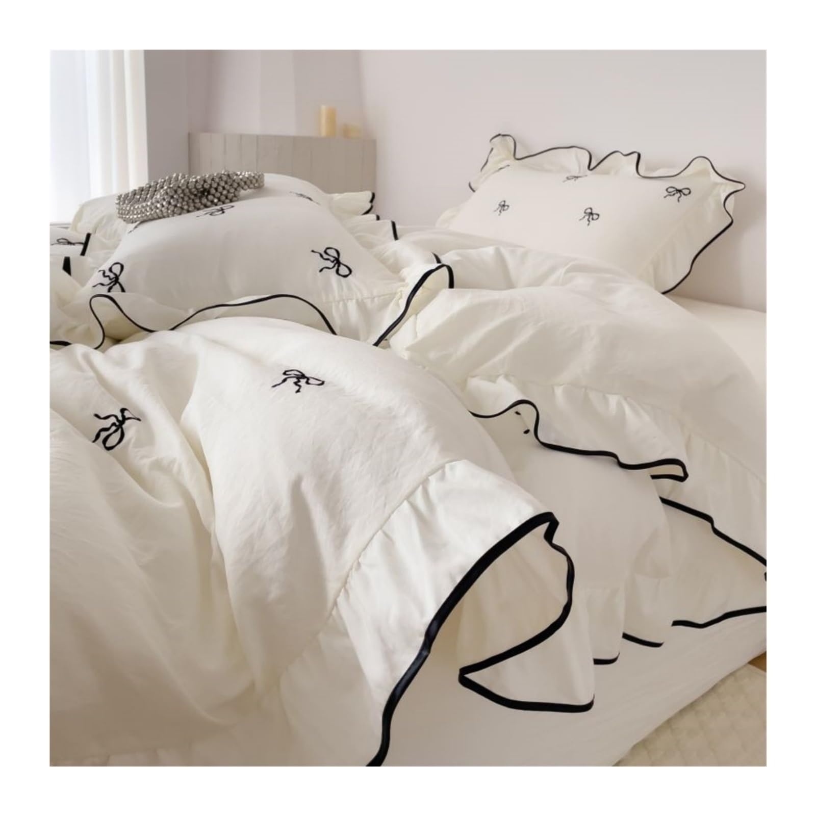 ZHSOAO 3pcs Bow Embroidery Bedding Set Ruffles Duvet Cover For Bedroom Guest Room for Bed(White,180x210cm 3pcs)
