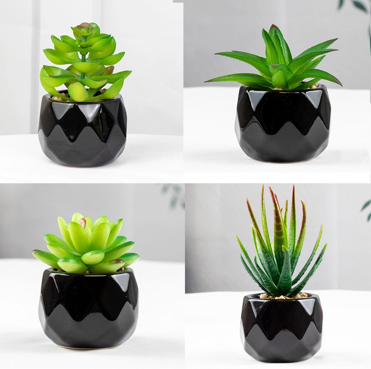 ARIATI Set of 4 Artificial Plants In Pots Indoor Outdoor Mini black Ceramic Potted, Green Succulents Decor for Bedroom Aesthetic, Faux Desk Plant for Bathroom,Living Room, Office Decoration