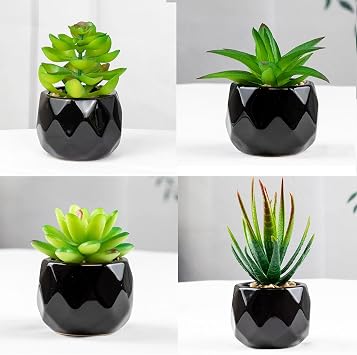 ARIATI Set of 4 Artificial Plants In Pots Indoor Outdoor Mini black Ceramic Potted, Green Succulents Decor for Bedroom Aesthetic, Faux Desk Plant for Bathroom,Living Room, Office Decoration