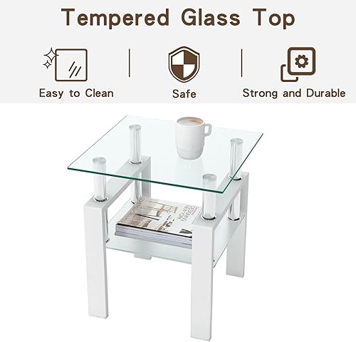 Miniatura 6 de Meihua Juego de 3 mesas auxiliares de cristal y mesa auxiliar, moderno juego de mesa de sala de estar con marco de vidrio templado y metal, mesa