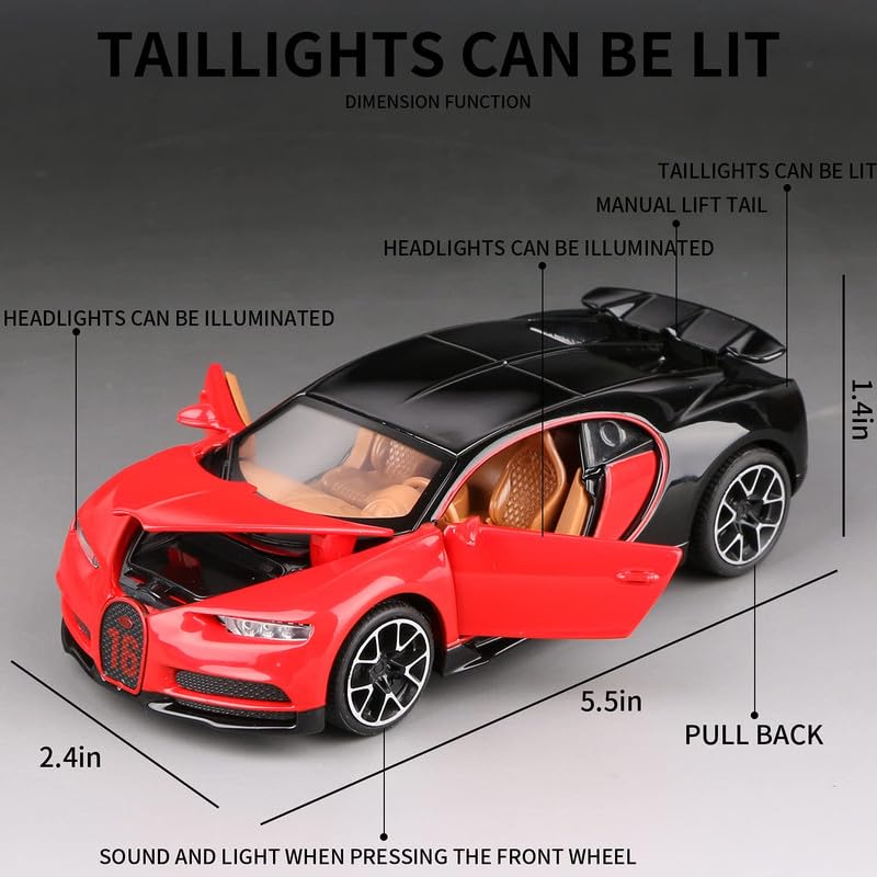 Image of Kids Model 1:32 Bugatti Chiron Die Cast Metal Car Pull Back Action Opening Doors with Realistic Engine Sound Lights Toy Car Gift for Boys - Red