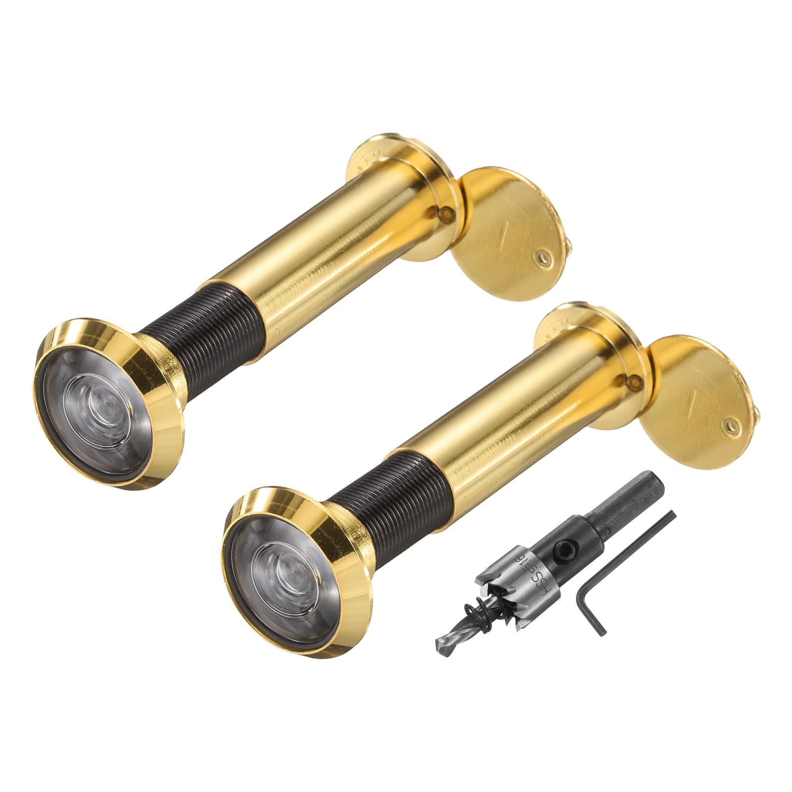 sourcing map Door Peephole, 2 Pcs Door Viewer Peephole with 1 16mm/0.63'' Drill Bit Kit Fit 2-3/5'' to 4-1/8'' Front Door 200 Degree Wide Angle Peepholes Reverse Privacy Covers, Gold