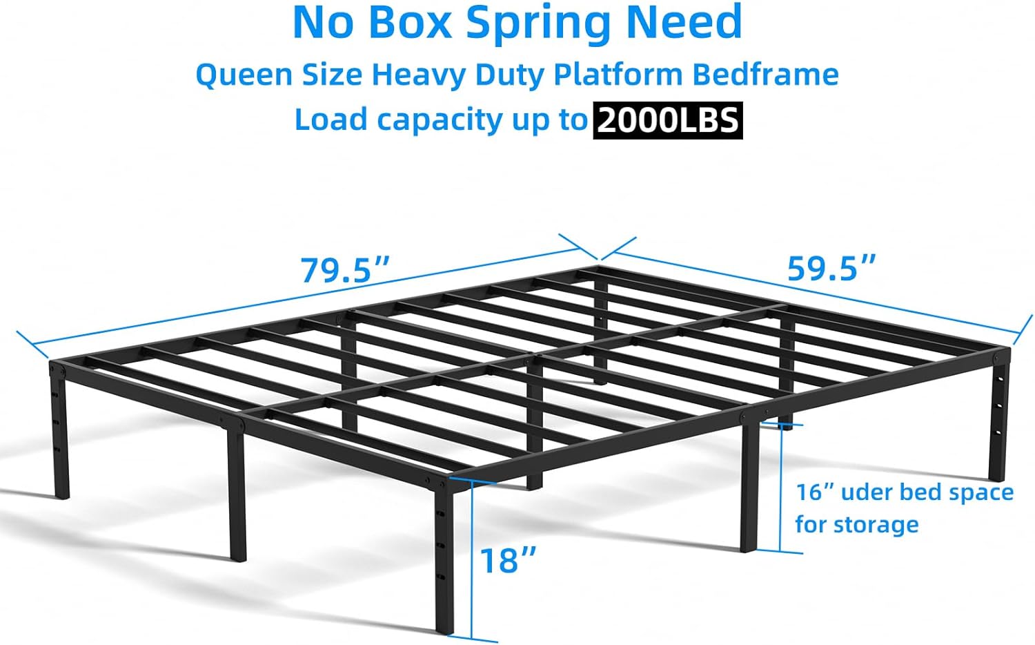 18 Inch Queen Size Metal Platform Bed Frame Reinforced Mattress Foundation Support Haevy Duty Bedframes No Box Spring Need with Storage