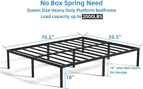 Miniatura 2 de Base de cama de metal de 18 pulgadas, tamaño Queen, base de colchón reforzada, soporte de cama Haevy Duty, sin necesidad de somier, con