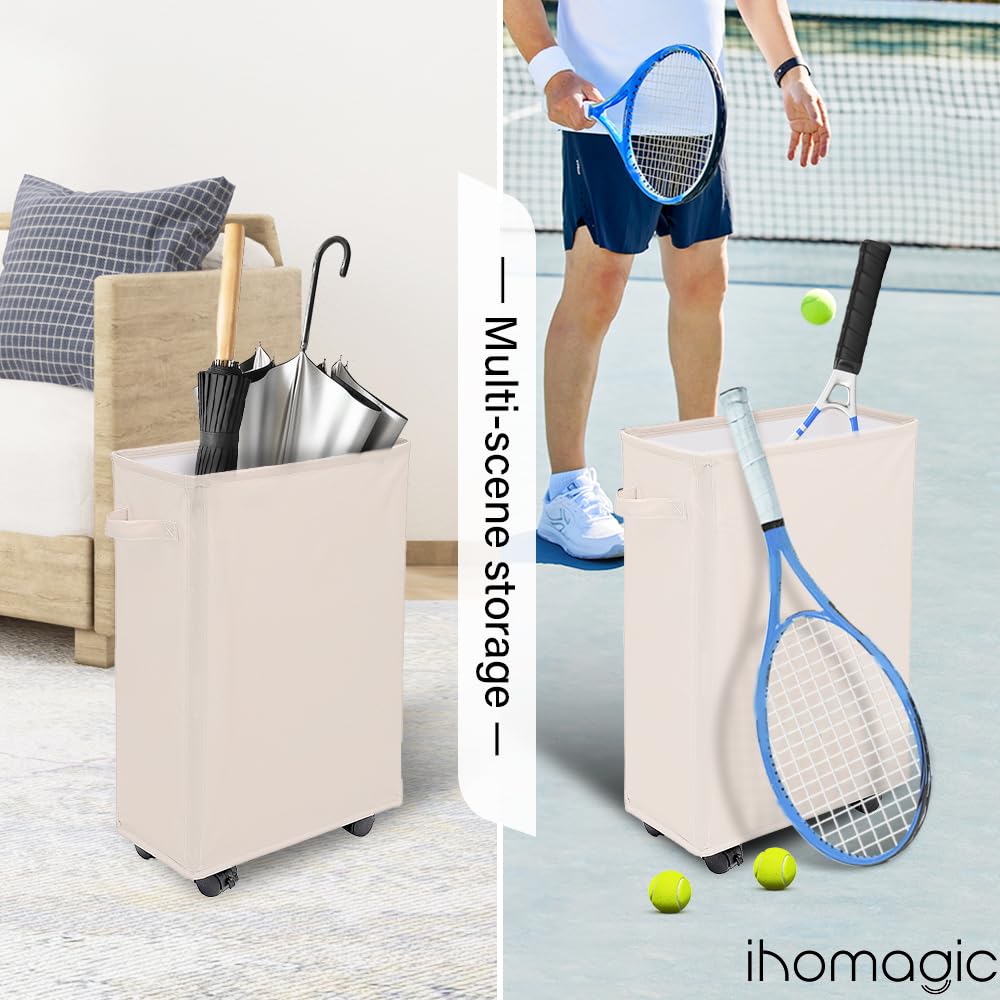 40L Estrecho Cesto Ropa Sucia con Ruedas, Cestos para la Colada Rectangular, Bolsa de Lavandería Plegable, Pequeño Cesto de Ropa Para Toallas de baño, Equipos de fitness, Sombrillas (Beige) - 4