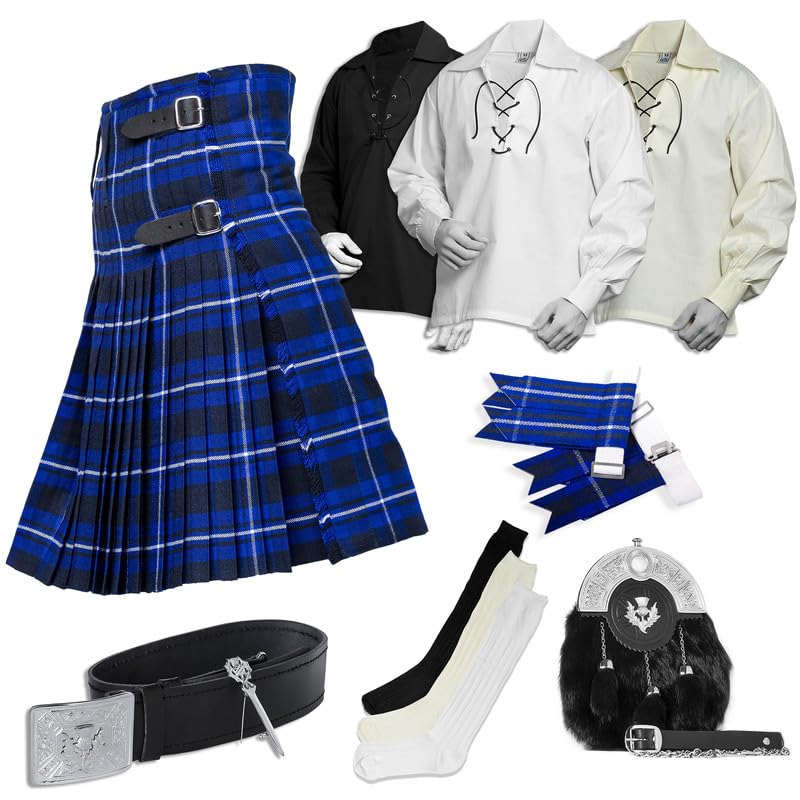 BELGLY Men's Kilt - 8 Pcs Kilt Accessories, Scottish Blue 52''