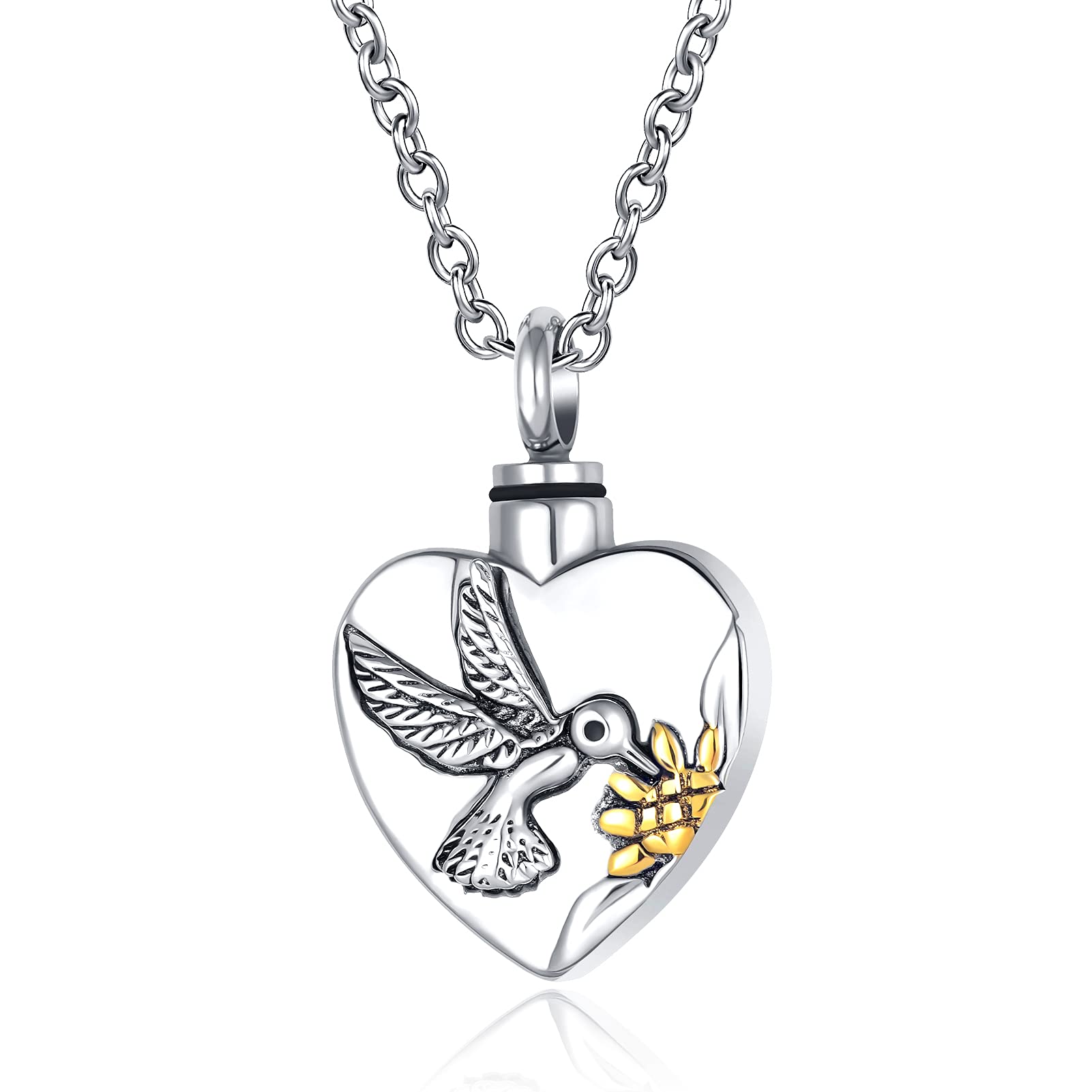 QeenseKcHummingbird Sunflower Cremation Jewelry for Ashes Heart Bird Flower Urn Necklace for Ashes Memorial Pendant Keepsake Gift, Metal, synthetic crystal,