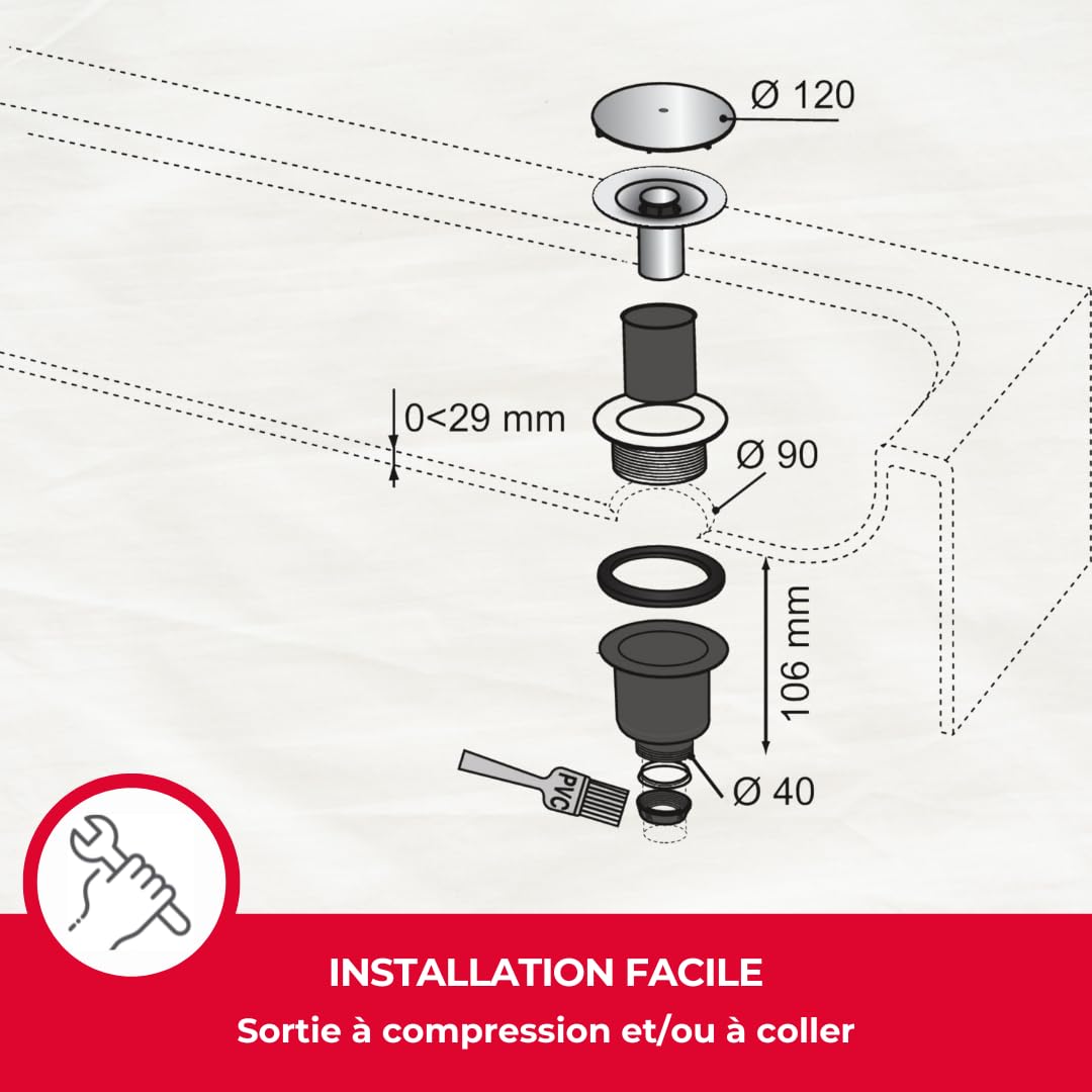 Wirquin 30723746 - Piletta per doccia con presa verticale per piatti ø90 con cupola in ABS, cromata, grigio