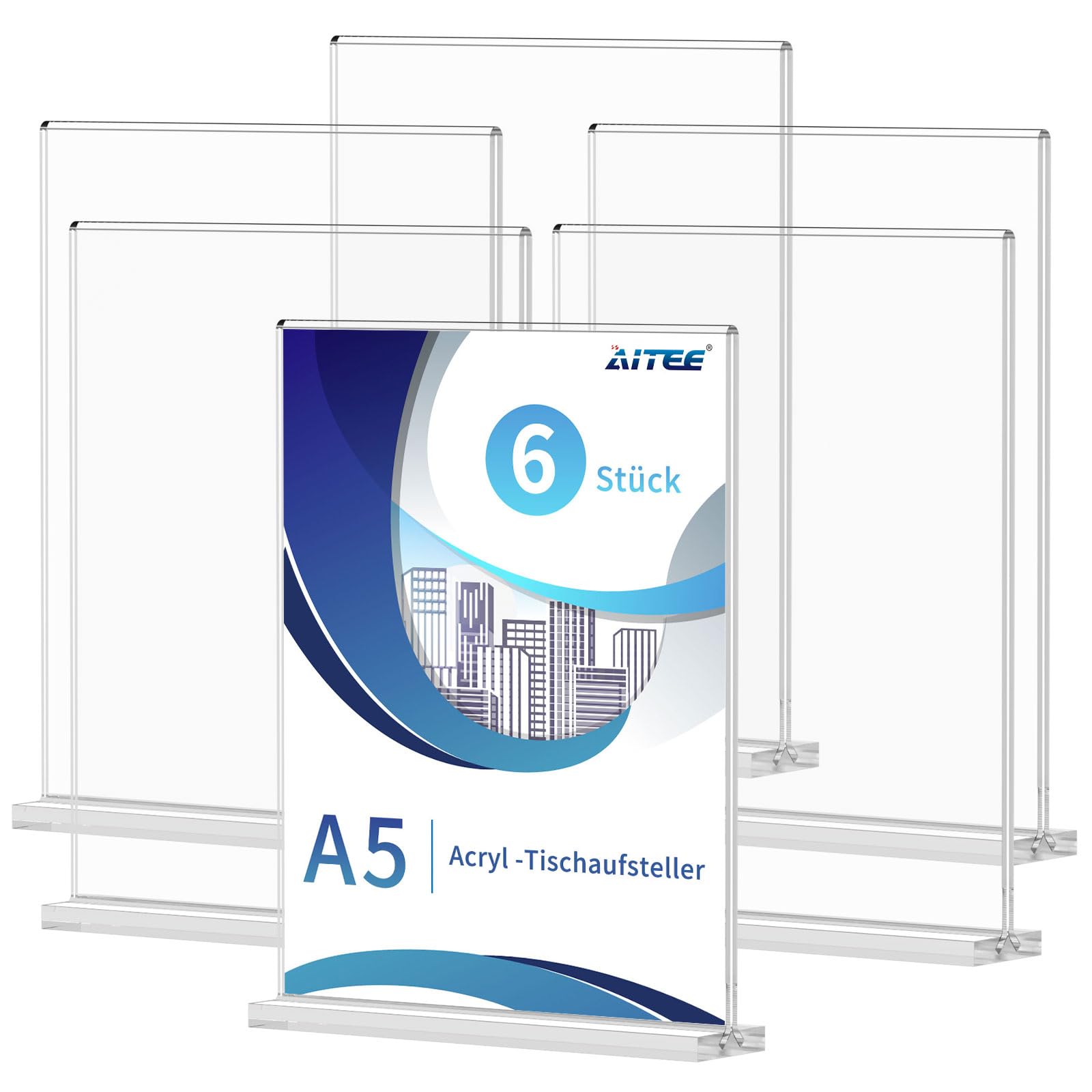 AITEE Acryl Tischaufsteller A5: 6 Stück T-Ständer Glasklar Aufsteller A5 für Prospekte Werbung Menükarte, Büro, Restaurant, Shop, Theke