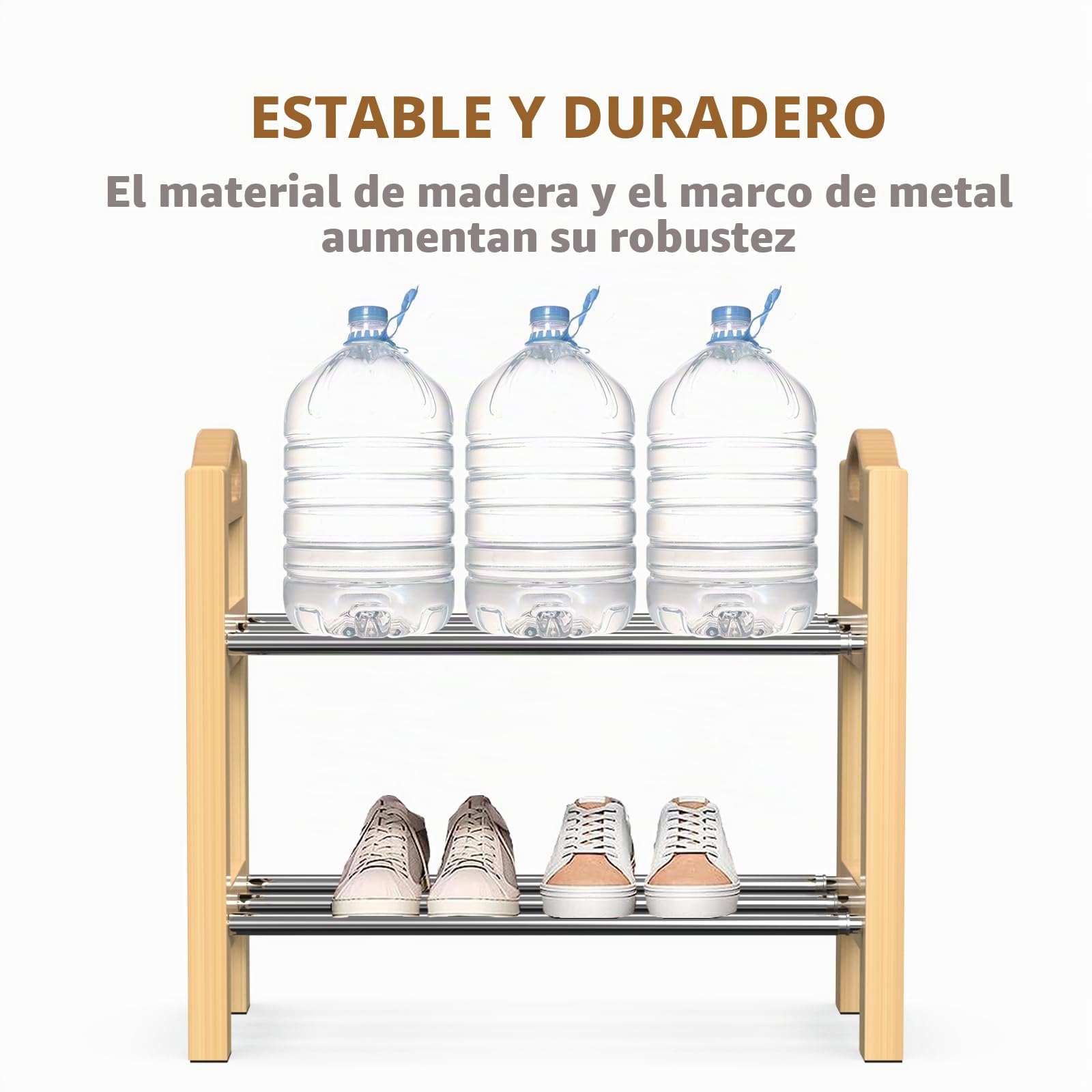 LEMIKKLE Organizador de zapatos de madera expandible para entrada, zapatero de acero inoxidable de 2 niveles, organizador de almacenamiento y organización, montaje simple, tamaño máximo (32-18-9.4
