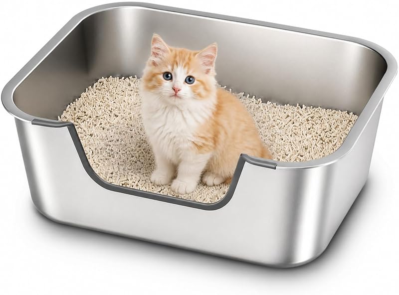 Caixa de Areia para Gatos em Aço Inoxidável com Entrada Baixa Qiuma 39,62 x 29,46 x 14,99 cm