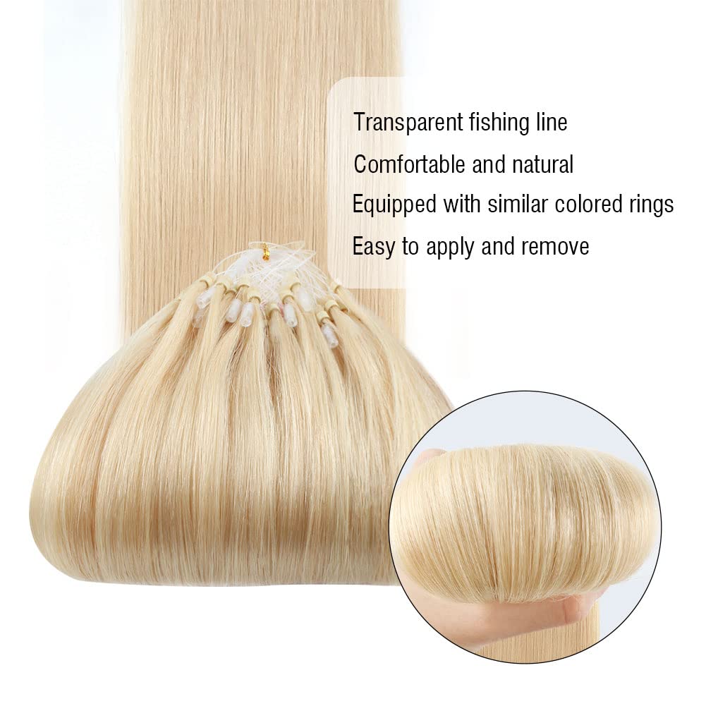 ABH AmazingBeauty Hair Micro Loop Hair Extensions Human Hair Blonde Micro Ring Hair Extensions 50G 50S Microbead Hair Extensions Invisible 16 Inch Color #60 Blonde Microlinks Hair Extensions - Image 3