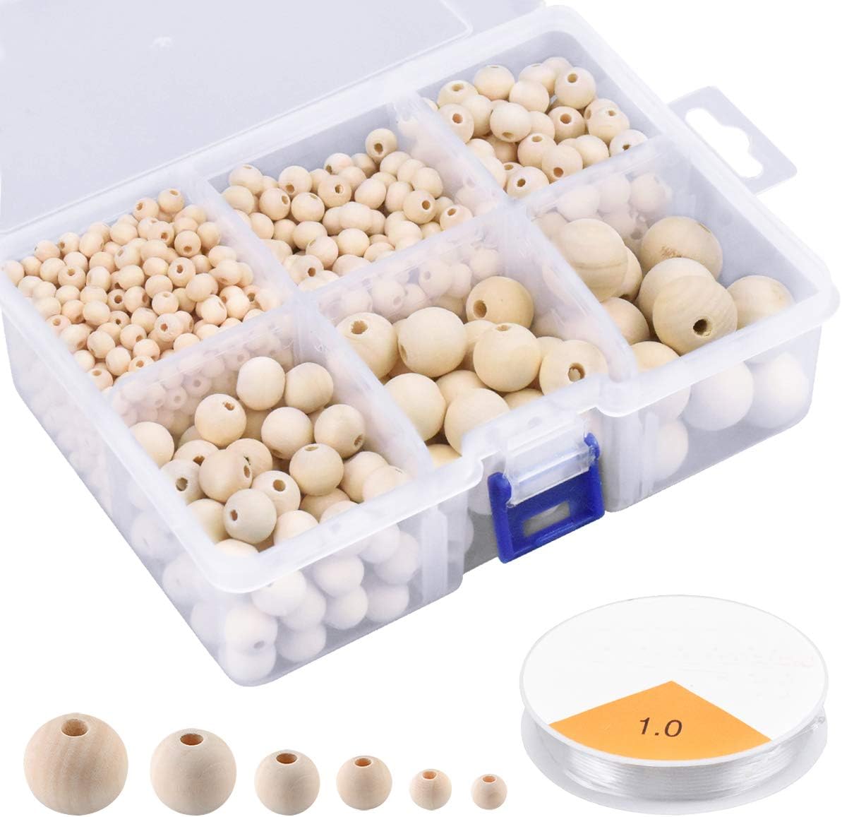 Kissral 1105pcs Wooden Beads (20mm, 16mm, 12mm, 10mm, 8mm, 6mm) for Crafting and Jewellery Making, Assorted for Kids Adults