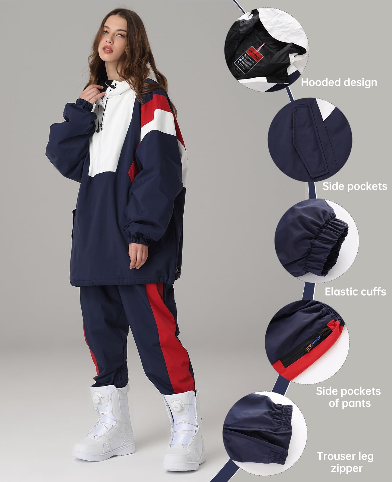 HOUZONIY Herren Damen Skianzug Schneeanzug Damen Skioverall Winter Warme Schnee Skifahren SäTze Outdoor Jumpsuit Mit Kapuze ReißVerschluss SkianzüGe Wasserdicht Snowboard Skisuit
