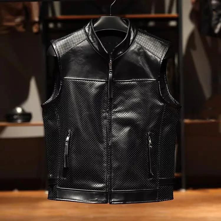 Men's Soft O-Neck Full Opening Zipper Closure Pockets Zippers Decoration Slim Fit Thin Short Sleeveless Moto Biker Vest