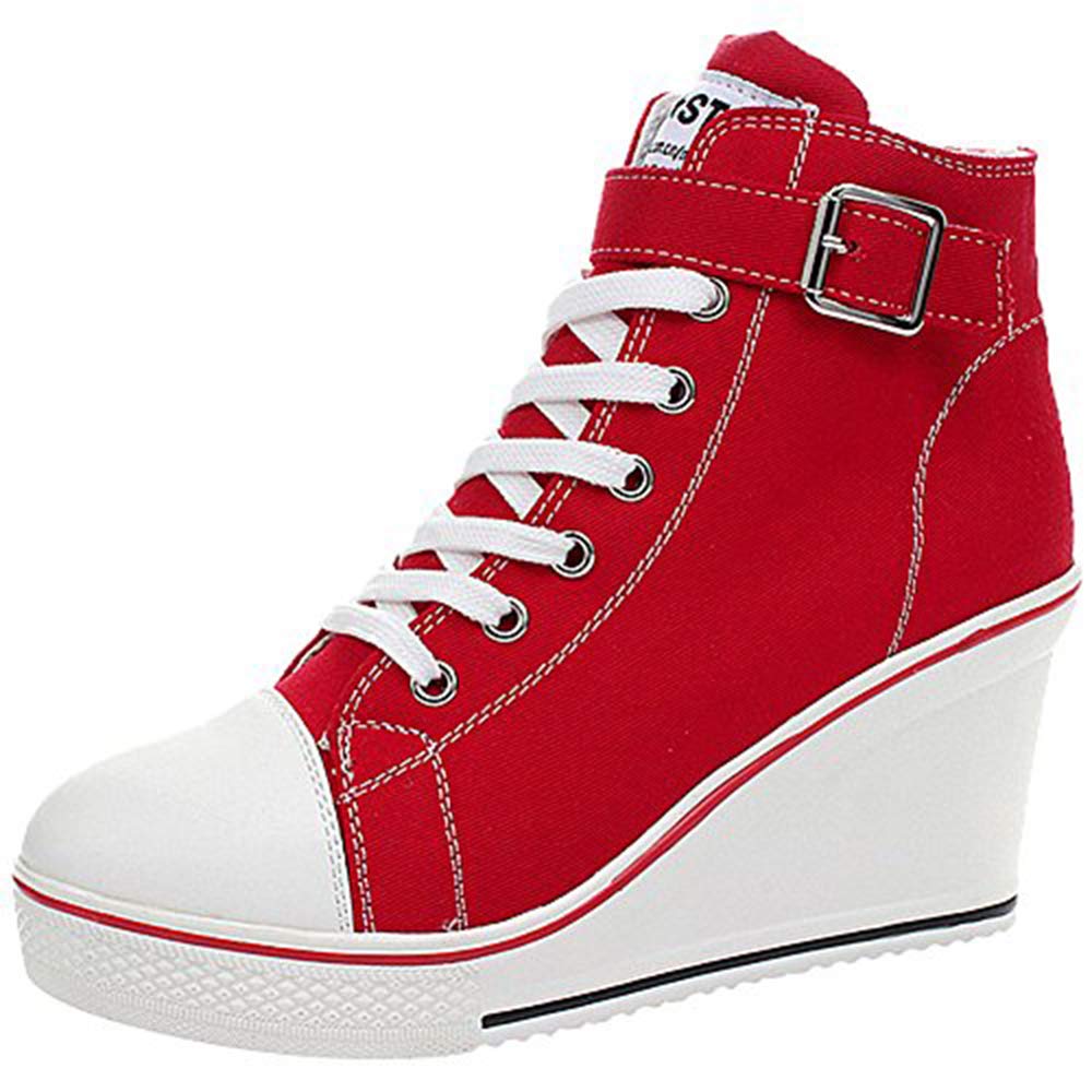 ALLINNINE Women's Sneaker Shoes High Heel Fashionable Canvas Shoes High Tube Lace Up Wedge Edge Zipper Slope Angle Shoes Size 4-11