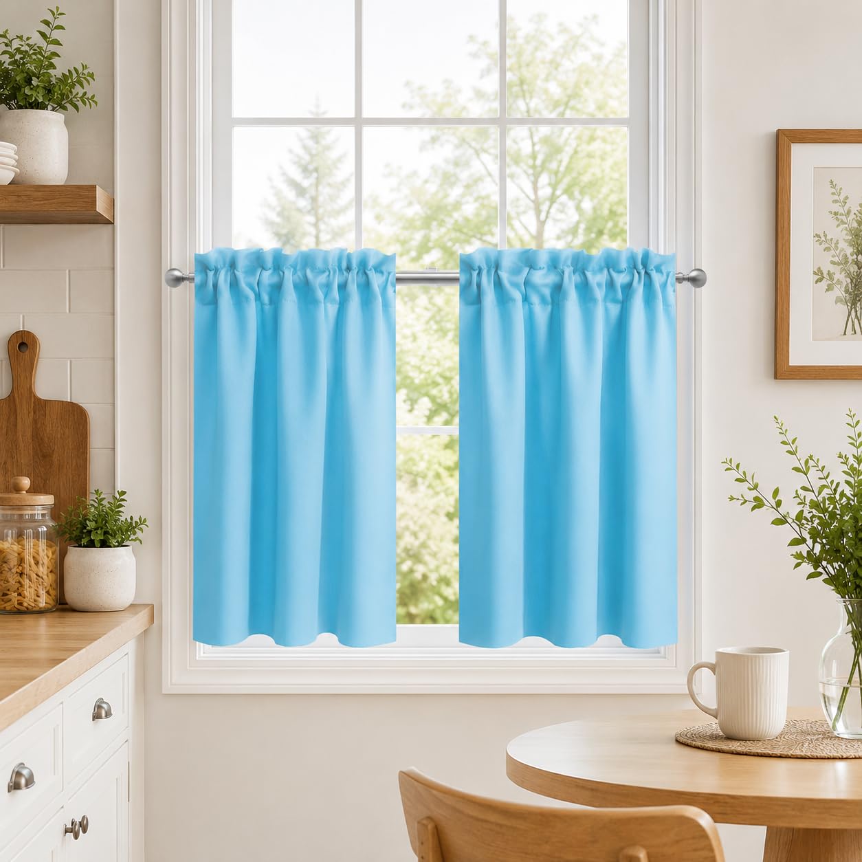 Aquazolax Summer Short Tier Curtains, Room Darkening Light Blocking Privacy Rod Pocket Door Panel Glass Window Drapes for Kitchen Bedroom Dining Room Set of 2, W 28 x L 36 inches, Turquoise
