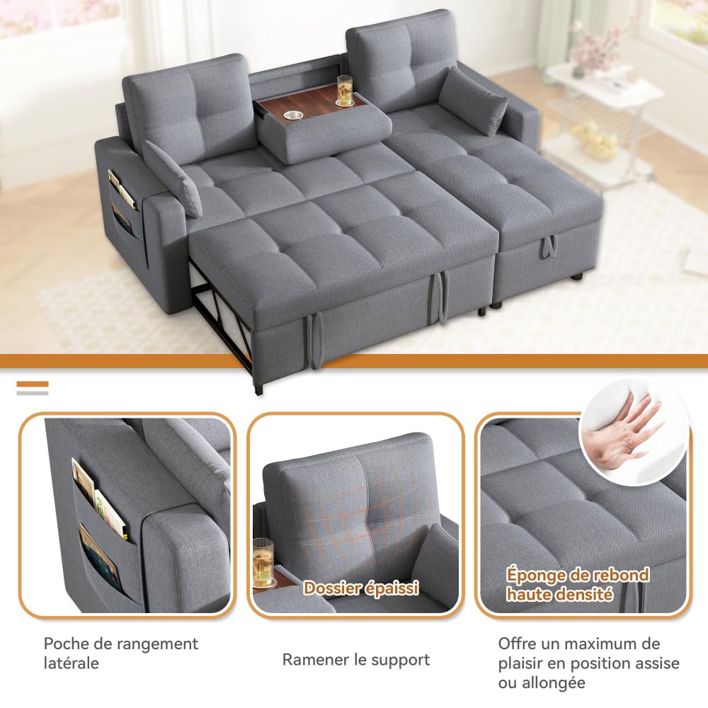 Divano angolare a L con funzione letto,Divano a 3 posti con letto estraibile e portabicchieri pieghevole,divano trasformabile con vano contenitore,tessuto di lino,per soggiorno,Grigio