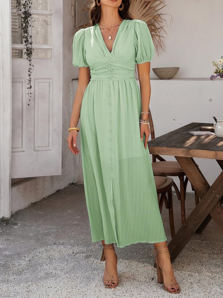 Image of Women Summer Casual Midi Dress Puff Sleeve V Neck Ruched Button Front Split Boho Beach Vacation Wedding Dresses 2026