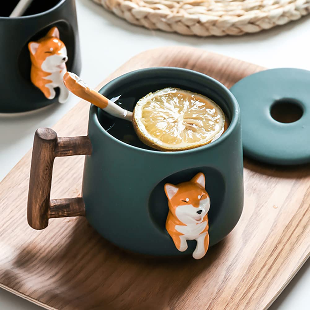 420 ml nowe ceramiczne urocze kubki do kawy, 14 uncji kubek do herbaty Shiba Inu kubek biurowy uroczy kubek do mleka z motywem psów 4D z łyżeczką w pokrywce, prezent dla rodziny i przyjaciół w biurze