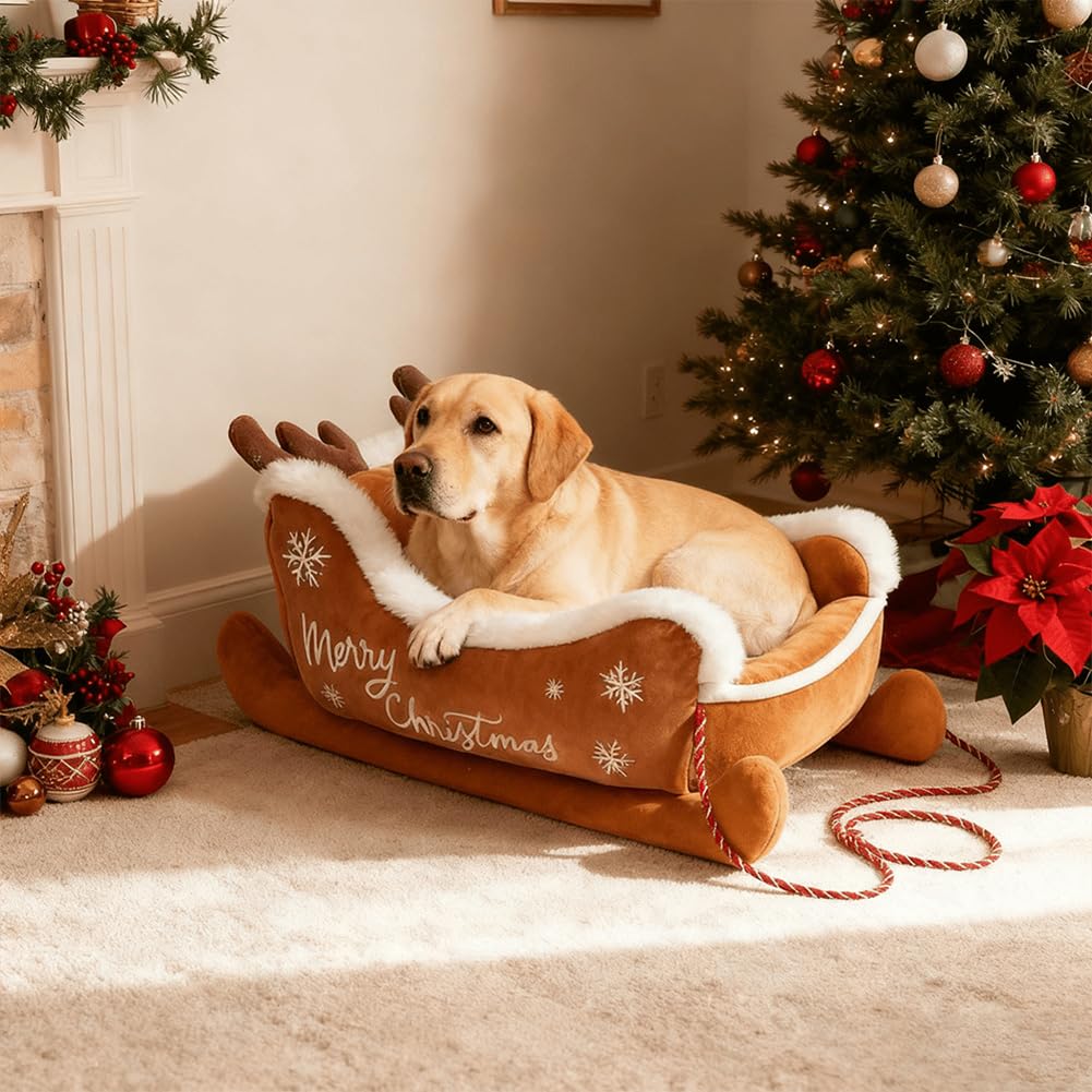 Cuccia per cani a forma di slitta natalizia, cuccia calda per animali domestici a forma di slitta di Babbo Natale, cuccia natalizia lavabile in peluche per gatti con base antiscivolo (Rosso, L)