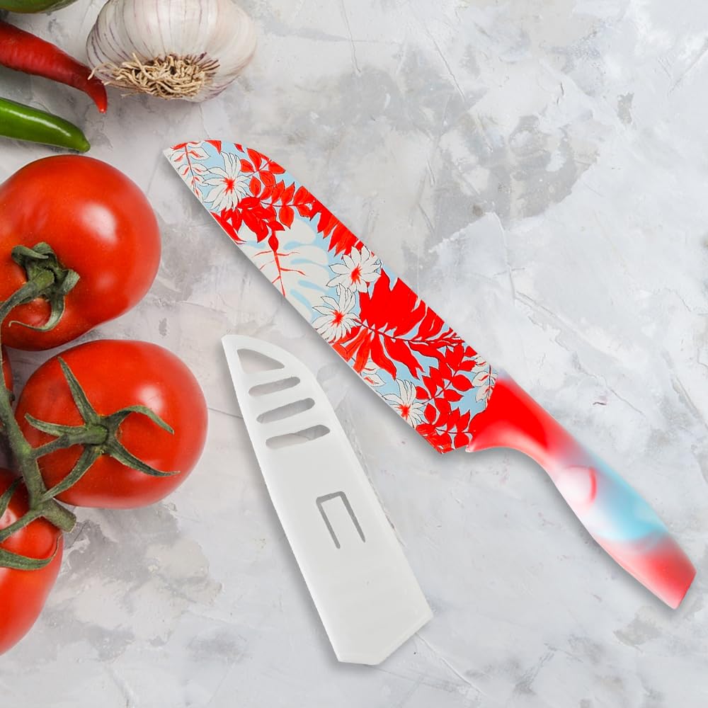 The Better Home Sharp Knife for Kitchen (7 Inch) Chef Knife | Chaku Knife | Printed Knife| Nife | Chopping Knife | Steel Kitchen Knife with Cover | Chopper Knife for Kitchen (Red)