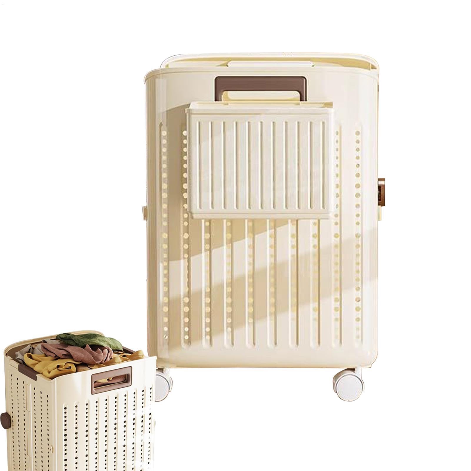 Hamper with Wheels, Rolling Laundry Basket, Folding Clothes Bin, Space-Saving Design, Pressure Pp Build, for Dorm Bathroom Bedroom Corner, 13.98x12.4x14.76 Inches, White Beige, 1 Piece