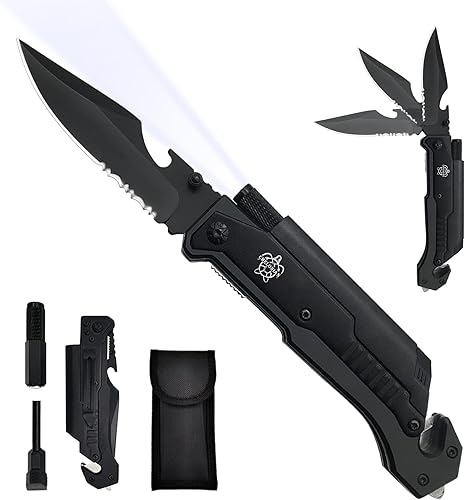 CHELONIAN Cuchillo de bolsillo militar de 85 pulgadas 7 en 1 multifunciĂłn con luz LED de arranque de incendios cortador de cinturĂłn de seguridad CHELONIAN Cuchillo de bolsillo militar de 85 pulgadas 7 en 1 multifunciĂłn con luz LED de arranque de incendios cortador de cinturĂłn de seguridad