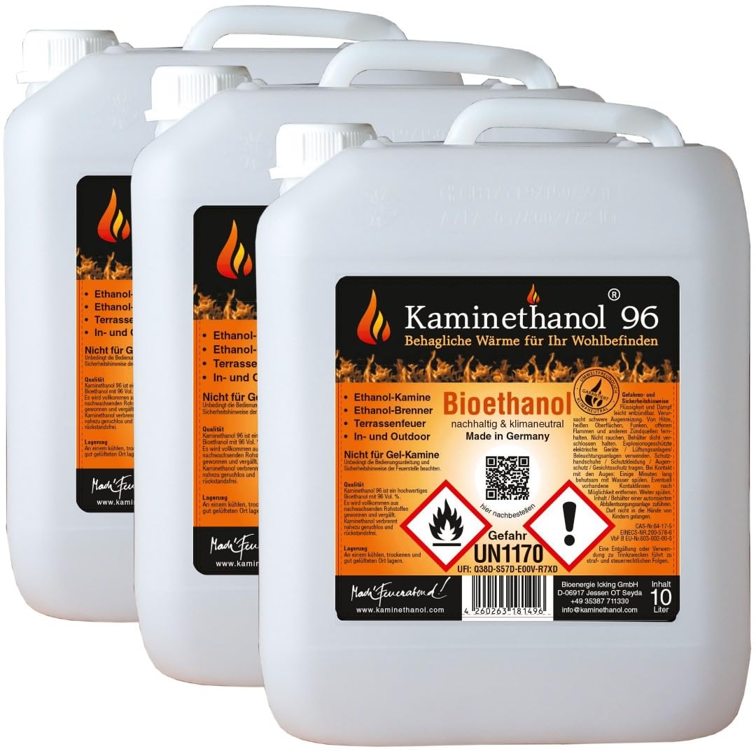 Icking Bioethanol 96,6% 30 Liter (3 x 10 L) | Premium Qualität - direkt vom Hersteller für Ethanol Kamine, Alkohol-Brenner, Terrasenfeuer, Raumfeuer und Gartenfackeln