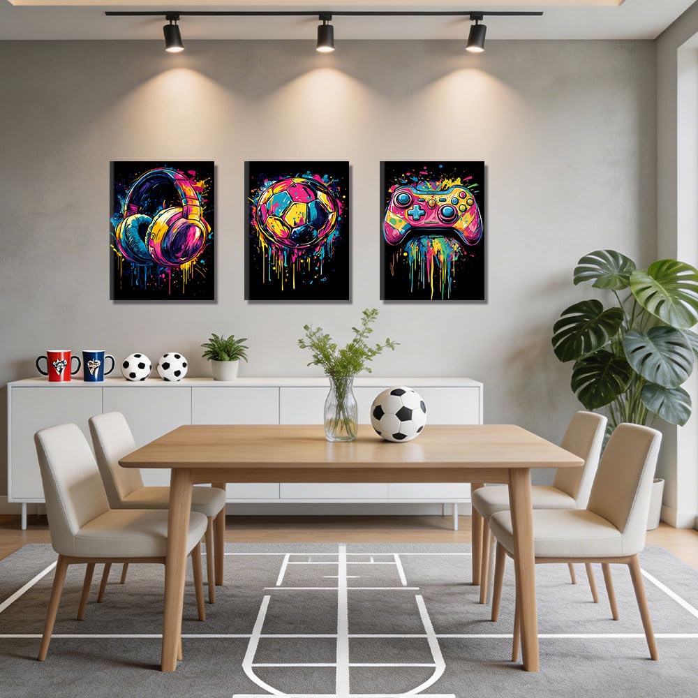 milaosk Tableau Décoration Murale Gaming Affiche Impressions sur Toile | Manette de Jeu Casque Football Style Graffiti Poster Mural pour Chambre Gaming Deco Chambre Garcon 40x60cm x 3pcs