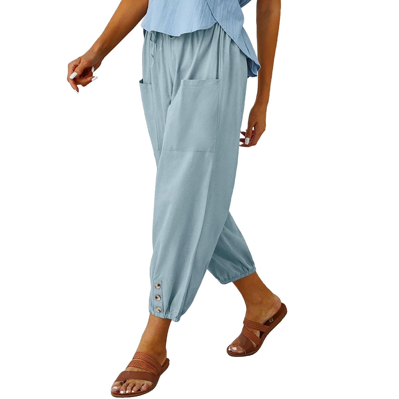 Women Drawstring Capri Pants High Waist Wide Leg Cropped Pants with Pockets Light-Blue XX-Large