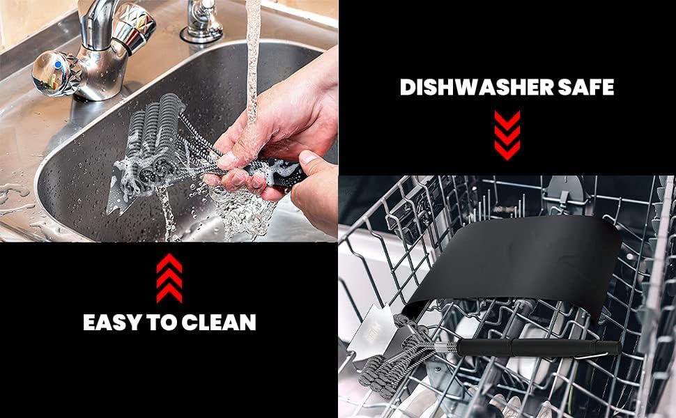 Miniatura 7 de Cepillo y raspador para parrilla de fuego, sin cerdas, raspador de acero inoxidable de alta calidad y cepillo de alambre triple hélice, mango