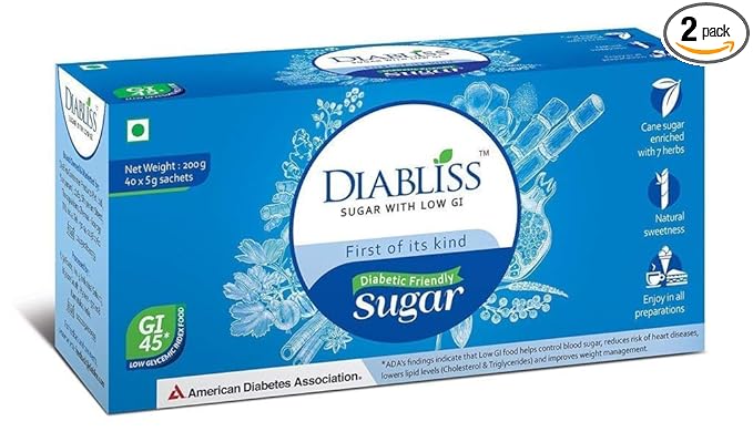 DiaBliss Diabetic Friendly Herbal Cane Sugar with Low Glycemic Index (GI) - 40 x 5 Grams Sachet Box - Pack of 2
