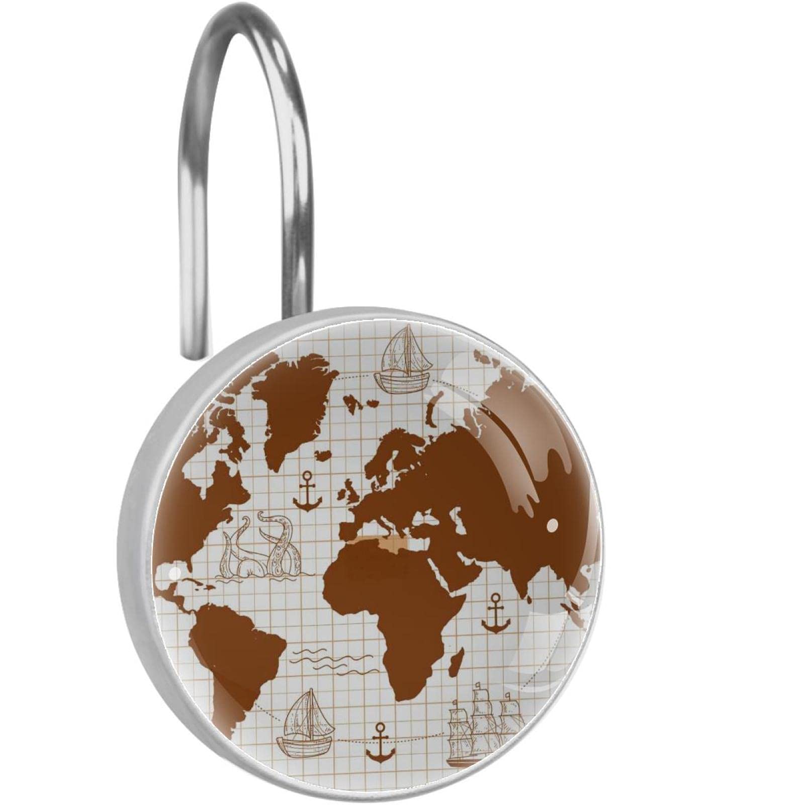 Rideau de douche vintage sublimé par 12 crochets mappemonde rétro en acier inoxydable
