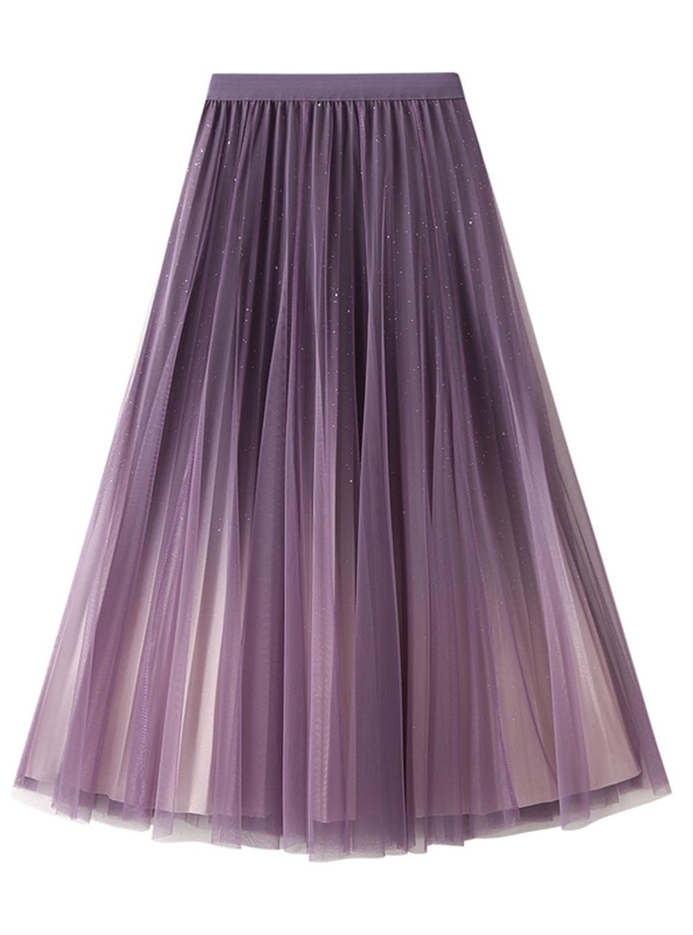 Women's Floral Embroidery Print Mesh Elastic High Waist A-Line Midi Fairy Skirt Tulle Pleated Layered Skirts