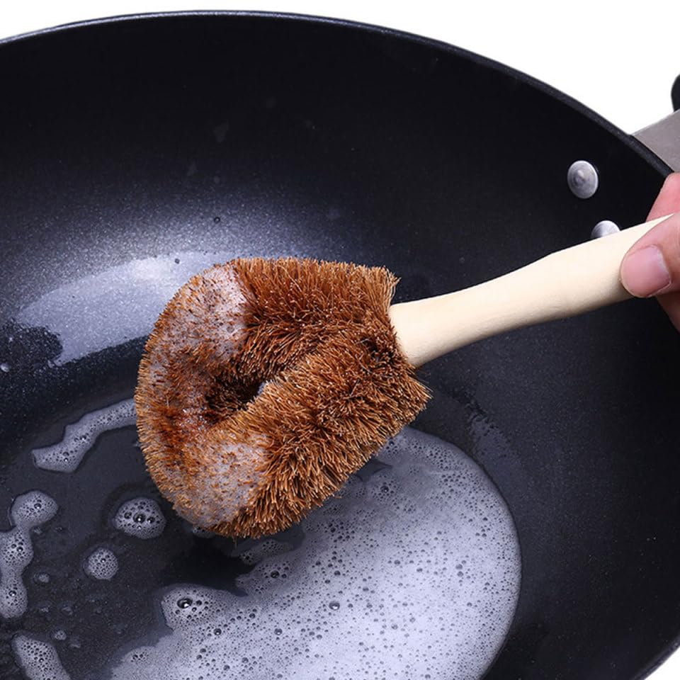 Image of Housoutil Kitchen Cleaning Brush Coconut Coir Pot Brush with Wooden Handle Non-Skid Scrubber for Dish Pan and Cookware Cleaning 9.05X3.34X1.57In