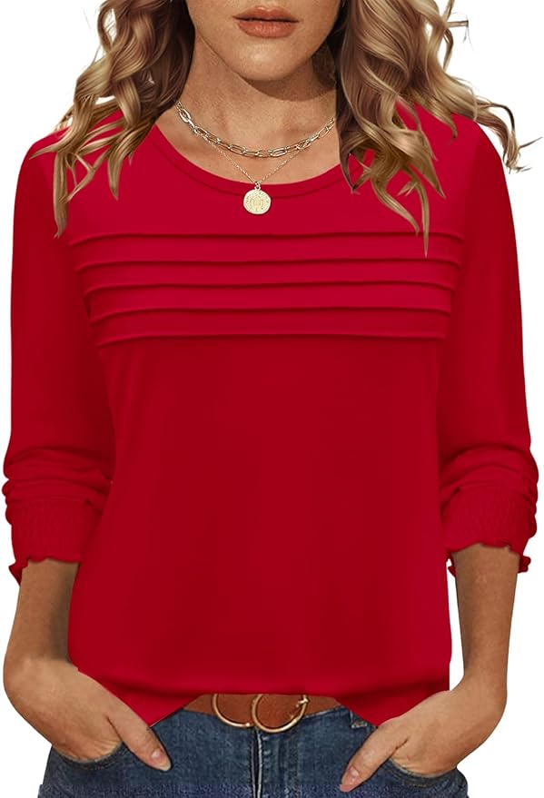 LOMON Women Tops Long Sleeve Blouses Dressy Casual Crewneck Pleated Tunic Shirts 2026 Loose Fashion Clothes