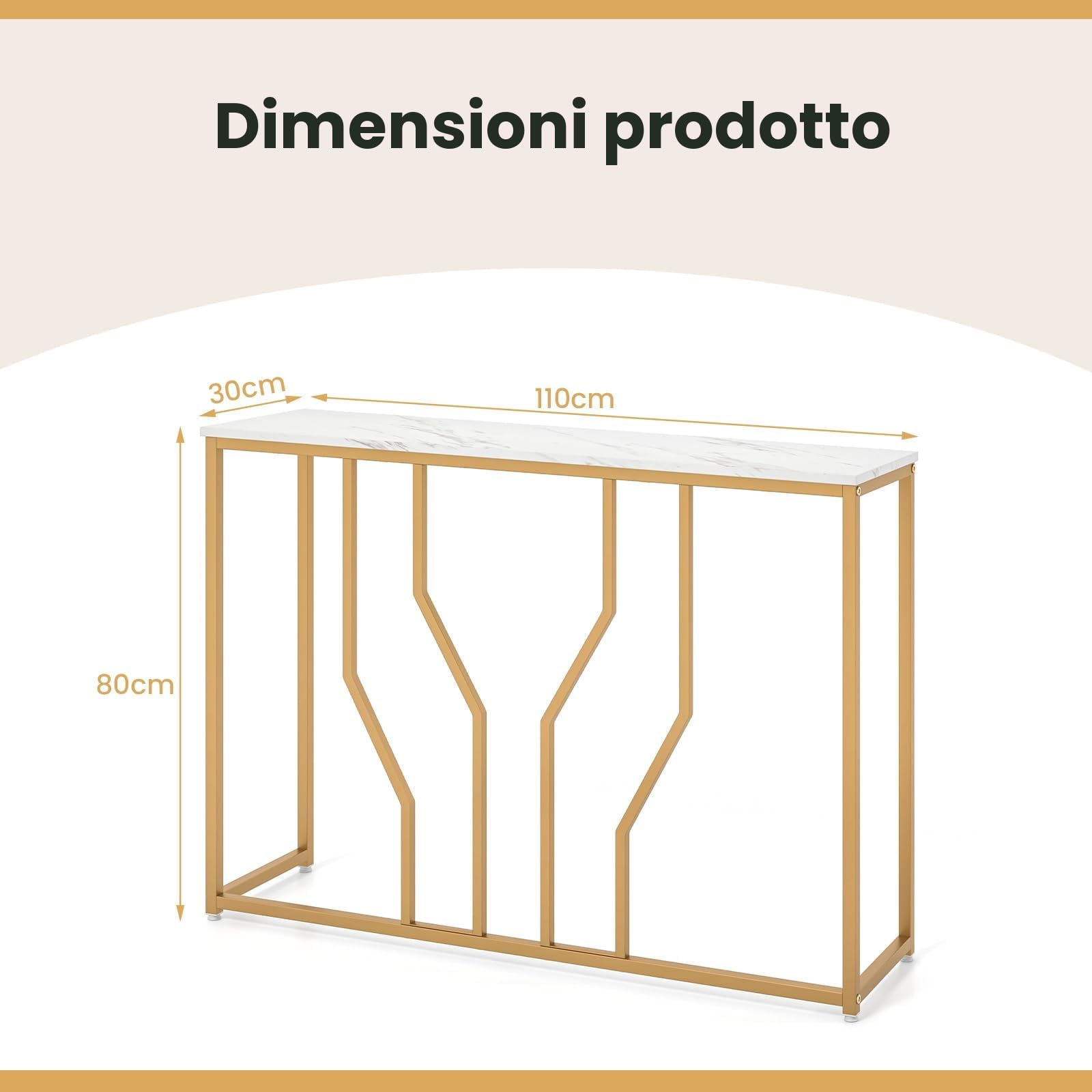 GIANTEX Tavolo Consolle Effetto Marmo con Struttura Geometrica | Tavolo da Ingresso Bianco Oro, Tavolino da Divano 110x30x80 cm