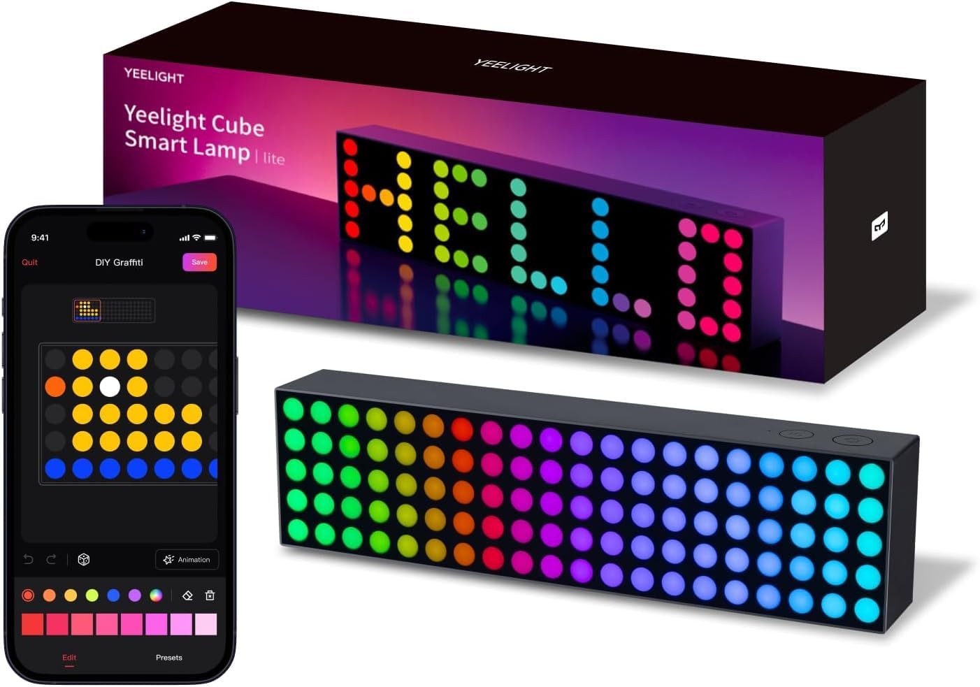 Yeelight Smart LED Pixel Tischlampe, DIY Schreibtischlampe 16M Farben, Musik-Sync RGB Display Uhrzeit, Kompatibel mit Alexa Matter App-Steuerung, 2.4GHz WLAN für Gaming-Zimmer Schlafzimmer Schwarz