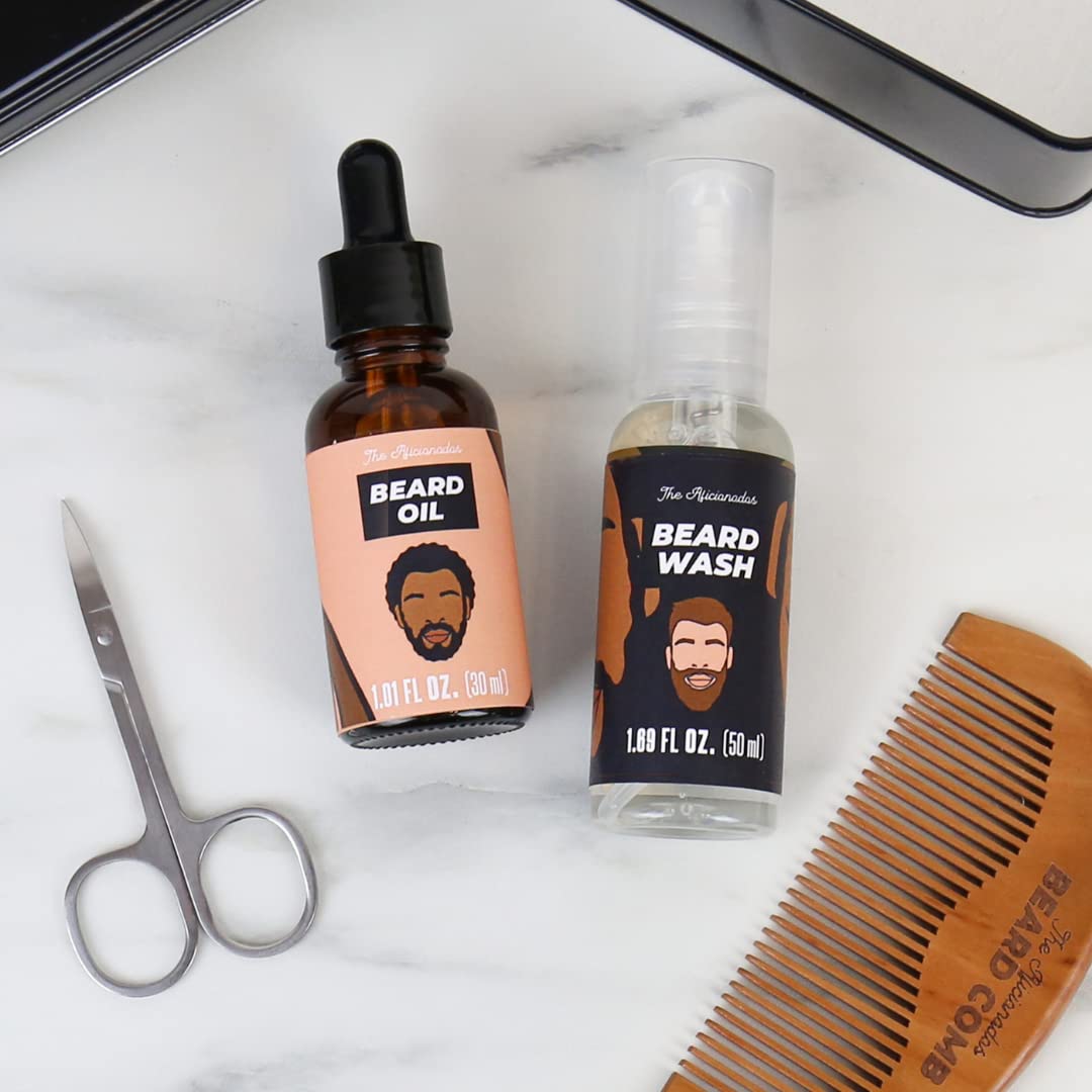 Aficionados Bartpflege-Set mit Bartöl, Bartwäsche, Pflegeschere und 1 Kamm. Geschenkset für Männer. Ideales Geburtstagsgeschenk, Vatertagsgeschenk, Weihnachtsgeschenk für Männer.