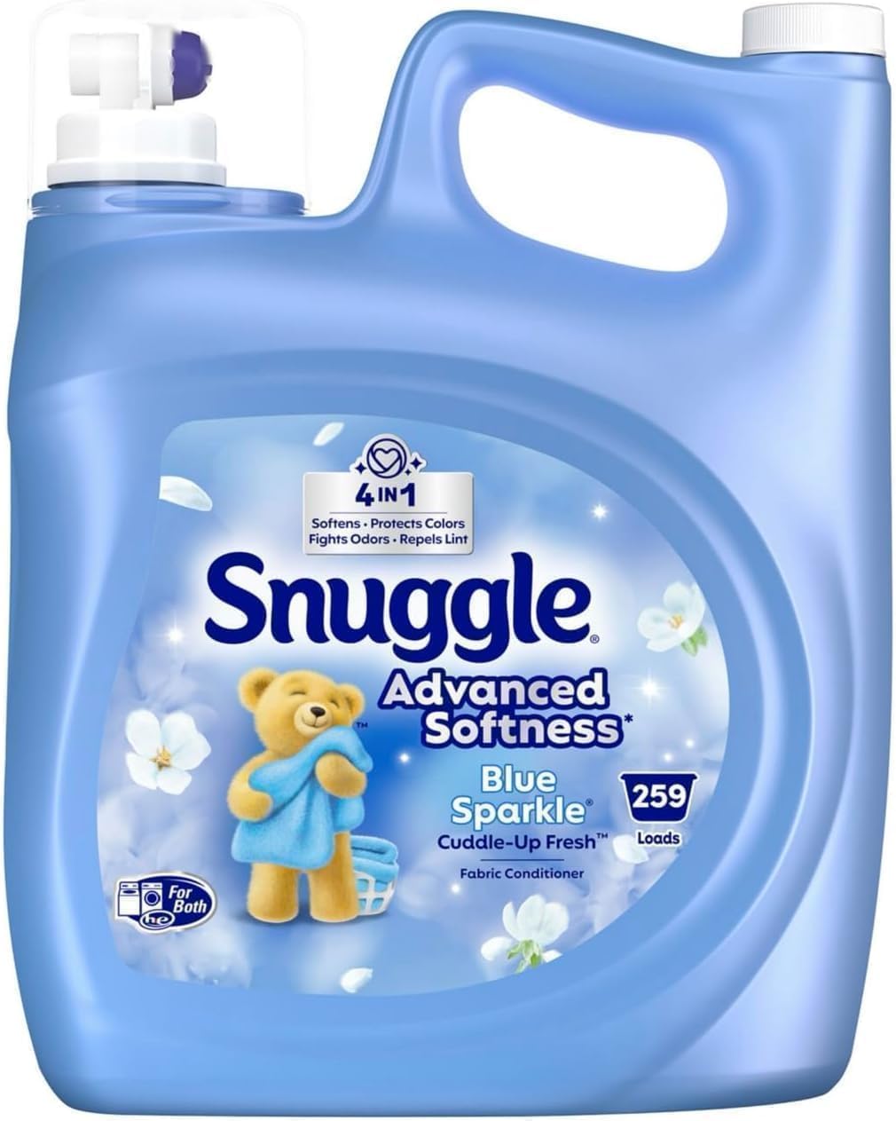 259 Loads Snuggle Advanced Softness Liquid Fabric Softener, Blue Sparkle, 4-in-1 Benefits, HE Compatible