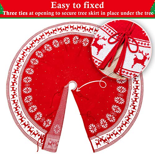 FUNSEED Christmas Tree Skirt, 48 Inches Large Thick Knitted Red Reindeer and White Snowflakes Pattern Knit Xmas Tree Mat for Holiday Family Home Decoration - Thumbnail 2