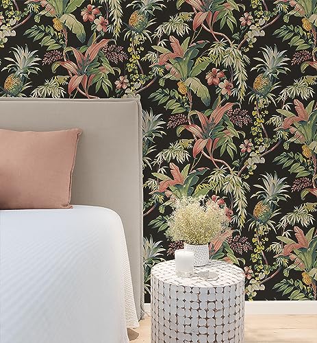 Image of Tommy Bahama - Peel and Stick Designer Wallpaper, Premium Botanical Wallpaper for Bedroom, Powder Room, Kitchen, Self Adhesive, Vinyl, 30.75 Sq Ft Coverage (Malay Botanic Collection, Ebony)