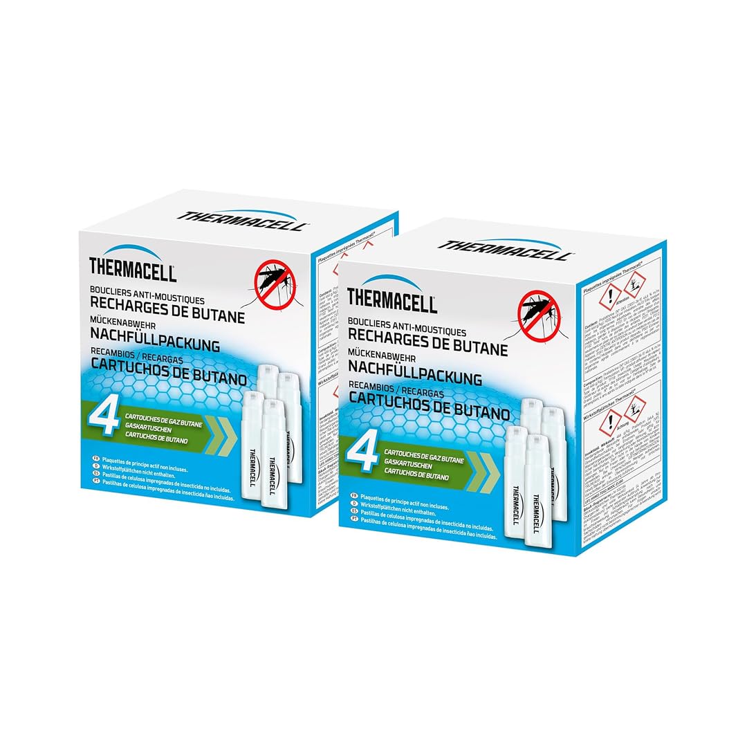 THERMACELL 8 Cartouches Gaz Butane Anti Moustiques Tigres - Extérieur | Pour Bouclier, Diffuseur et Lanterne - Effet Rapide, Inodore - Jardin, Terrasse, Piscine - THBUTANE4X2