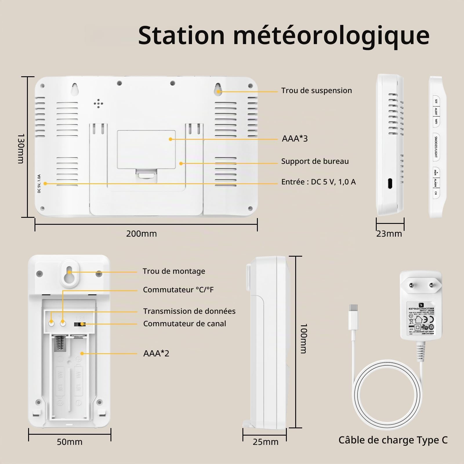 Horloge météo WiFi Prévisions sur 5 jours Thermomètre et hygromètre intérieur Phase Pression atmosphérique Date Alarme Réglage de la luminosité Grand écran couleur