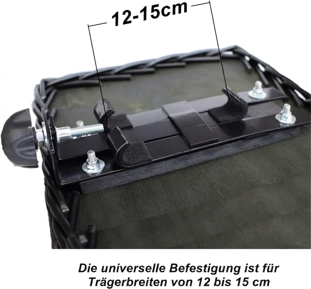 Fahrradkorb für Hunde – mit Gitterhaube, Befestigung für Gepäckträger, herausnehmbarem Kissen – aus Weide – Hundekorb Fahrrad 60×39×50 cm (SCHWARZ)