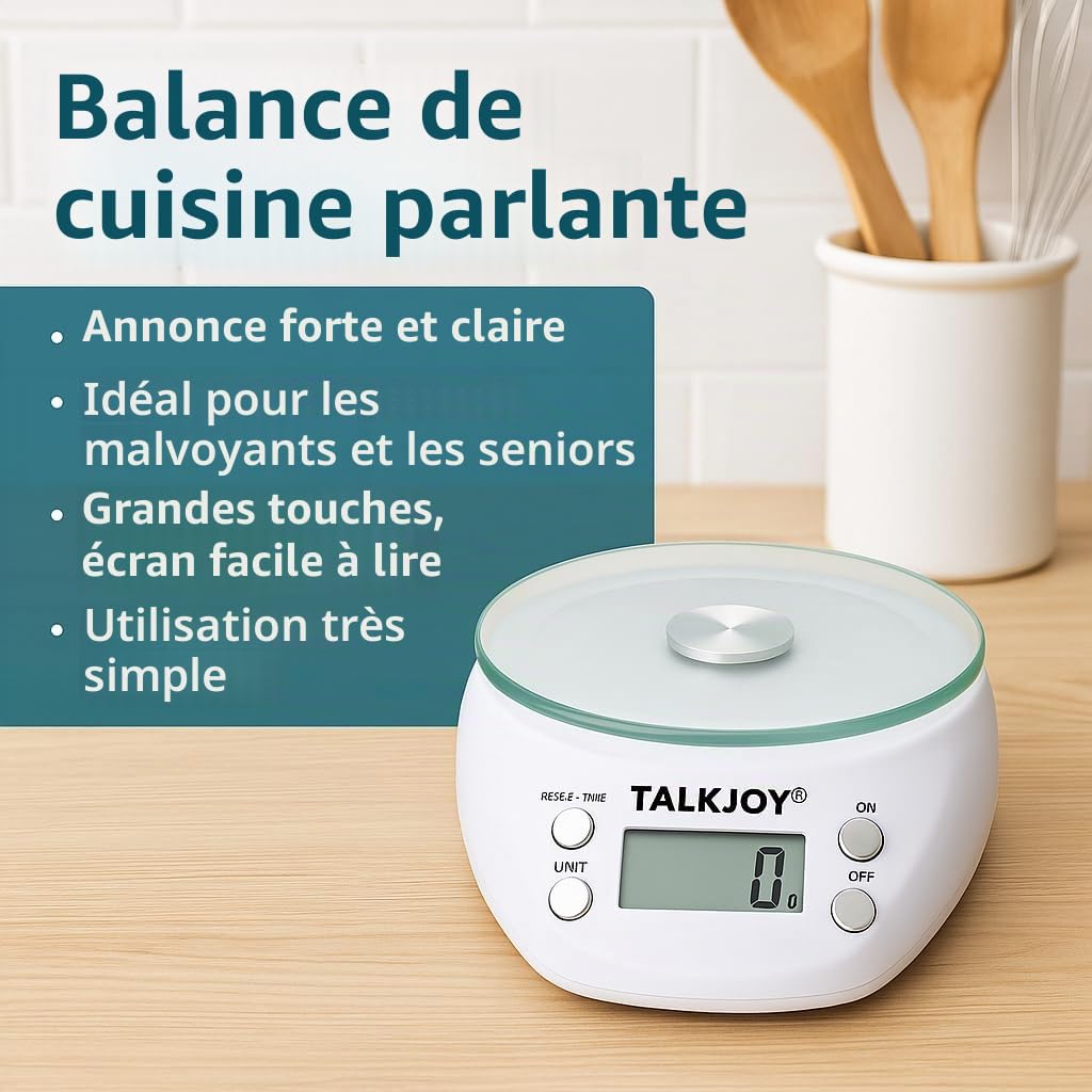 Balance de cuisine parlante numérique pour aveugles, malvoyants et personnes âgées, annonce de poids en g/ml, avec fonction tare jusqu'à 5 kg, couleur blanche
