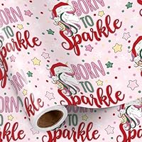 RUSPEPA Christmas Unicorn Wrapping Paper Roll Girls, Mini Roll, Santa Unicorn, Stars, Dots and \"Born to Sparkle\" Text Design, Pink Gift Wrap for Kids Gifts, Birthday, 43.2cm x 5m
