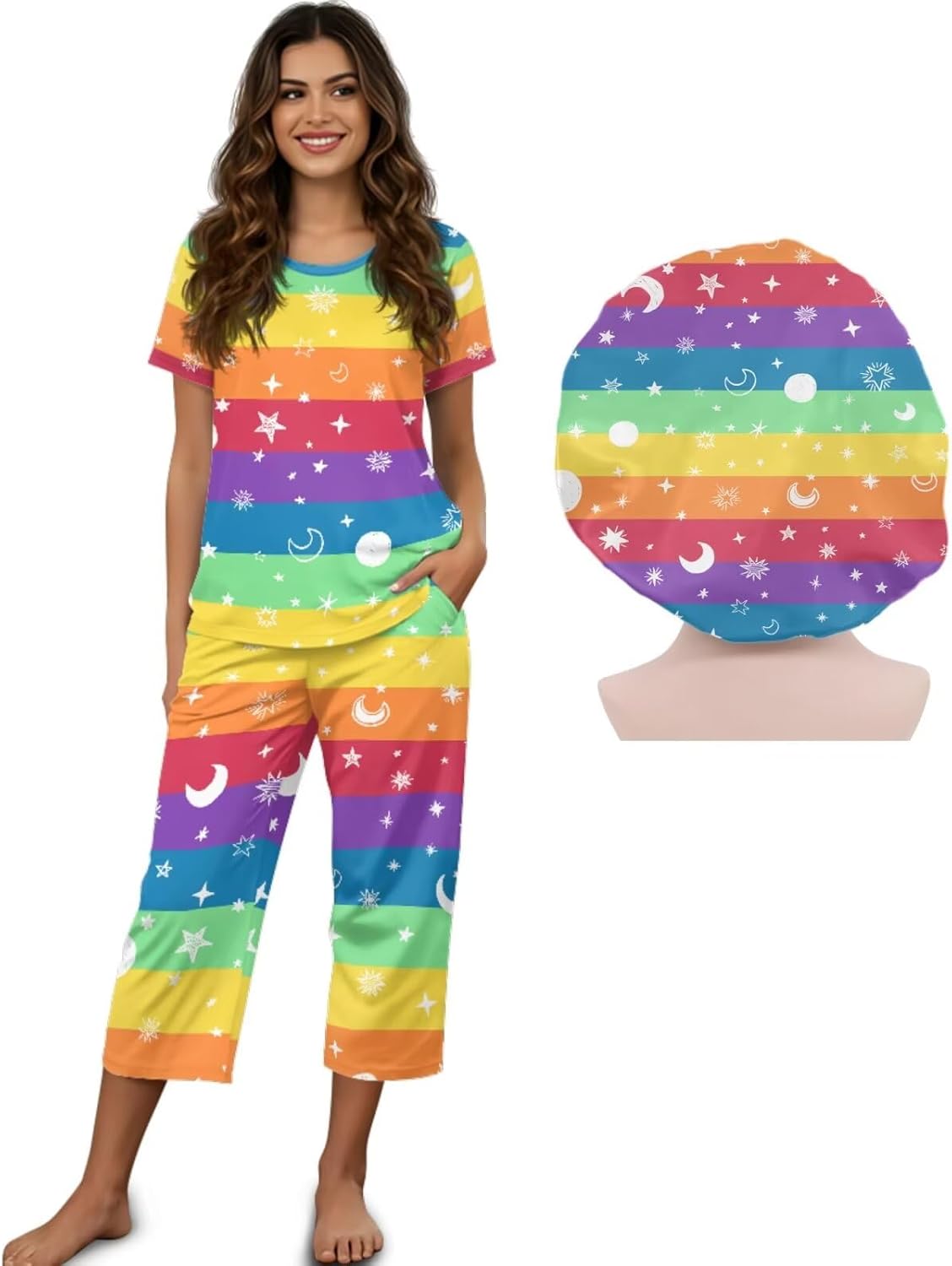 AFPANQZ Pajamas for Women Set 3 Piece Lounge Set with Satin Bonnet Sleep Cap, Short Sleeve Pj Sets Loose Sleepwear for Lady